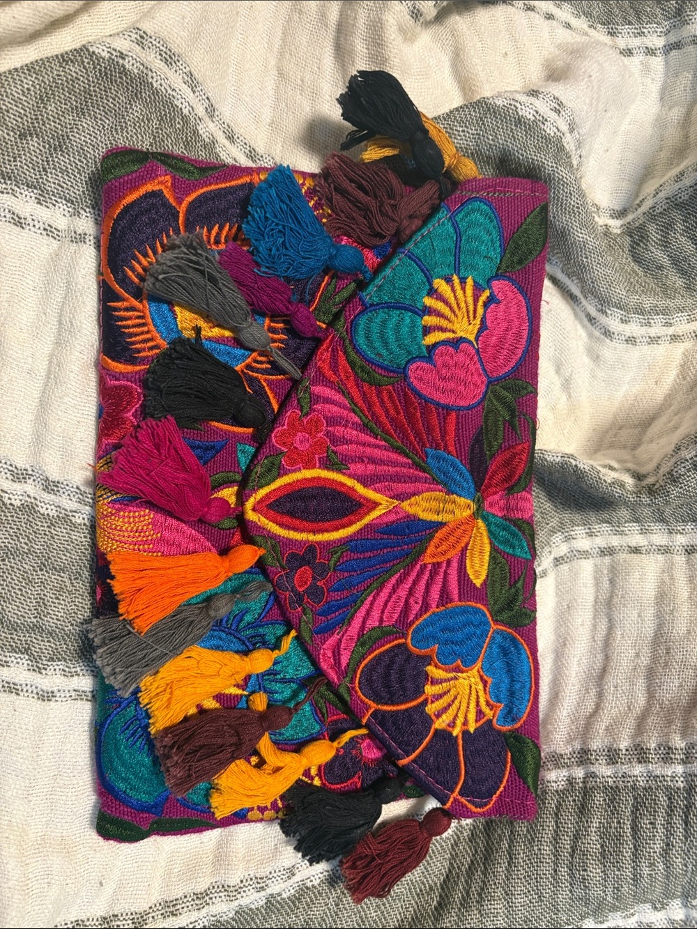 Hand-Embroidered Floral Tassel Clutch - Multicolor